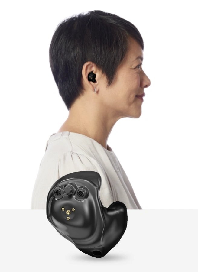 Side profile of a woman wearing In-the-Ear (ITE) Hearing Aids, discreet hearing aids