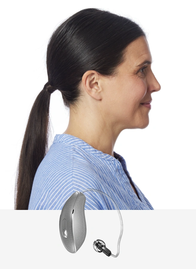 Side profile of a woman wearing Mini Receiver-in-Canal (RIC) hearing aids, discreet hearing aids
